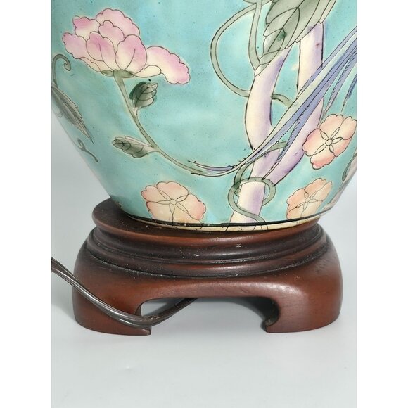 Vintage Floral Ceramic Table Lamp With Hand-Painted Bird Design On Wood Base - Picture 6 of 12